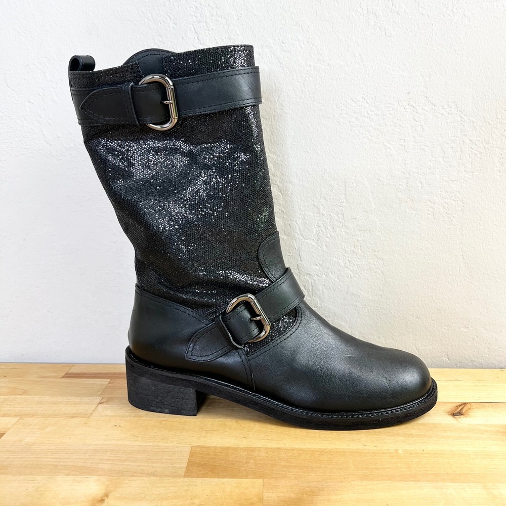 Giuseppe Zanotti Boots Moto Biker Mid Calf Womens Size 41 Black Glitter Buckle